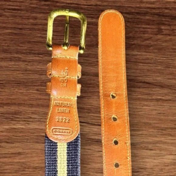 Vintage COACH Preppy Tab Belt Size 40 Natural Linen Navy Leather Brass 3822 - Picture 4 of 6